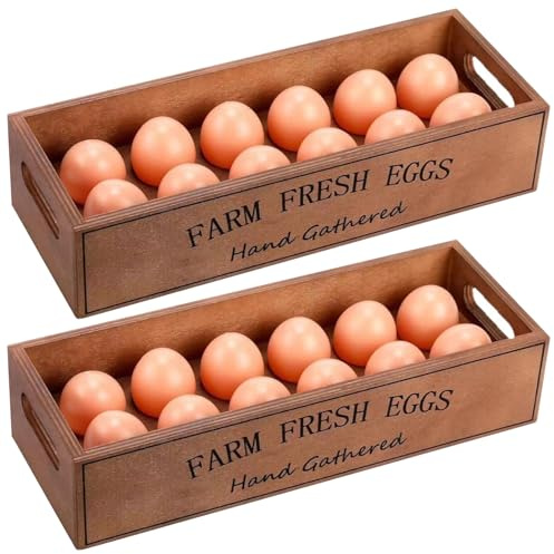Wooden Egg Holder, Wood Egg Storage Box with Slotted Design 2 Pcs Stackable for Home Kitchen, Farm Fresh Eggs Display Case for Countertop.