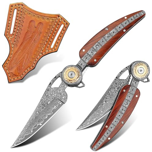 Handgefertigt Damast-Klappmesser，Taschenmesser für Männer und Frauen，mit Lederscheide，Griff aus rotem Rosenholz，Ideal für Camping, Bergwandern, Angeln und Reisen