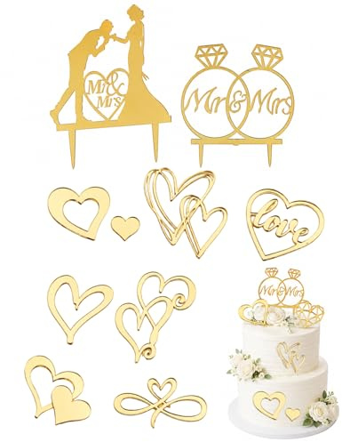 KAHZOR 8 Piezas Topper Tarta Boda Set: 1 Grande, 1 Anillo Diamante, 6 Corazones | Elegante Decoración Mr & Mrs para Compromisos, Aniversarios y Fiestas