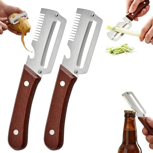 Kingbox and Glowing Peeler, 3-in-1 Multi Function Peeler Knife Combines Peeling, Shredding, and Bottle Opener Functions, for Potato, Carrot, Fruit, Non-Slip Ergonomic Handle, Dishwasher Safe (2 Pcs)
