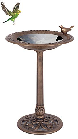 GOPLUS Vogeltränke, Vogelbad, Vogelfutterstation, Vogelfutterspender, Vogelfuttersäule, Futtersäule, Vogelfutterautomat, mit einem Vogel auf der Wasserschale, für Wildvögel (Bronze)