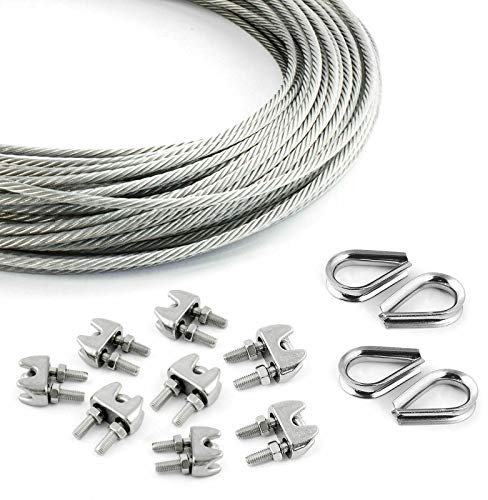 DQ-PP stållina SET | 4 mm | 20 m | 8 x linsklämmor 4 mm | 4 x byte 4 mm | Rostfritt stål INOX | 7 x 7 medium mjuk | trådrep för rankhjälp rostfri rep ståltråd skogsrep spännlina terrängrep