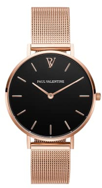 PAUL VALENTINE Damenuhr - Pearl Rose Gold Mesh - Armbanduhr Metallic-Ziffernblatt, kratzfestes Glas, schmales Armband, Uhr für Damen Rosegold