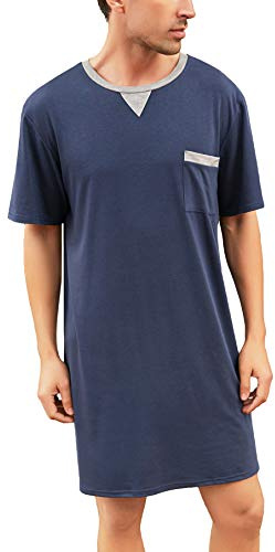 Enjoyoself Pijama de algodón para Hombre, Suave, Transpirable, Longitud hasta la Rodilla, Camisa de Noche de Manga Corta, Ropa de Dormir para Descansar, Tipo 3, Azul Oscuro, M