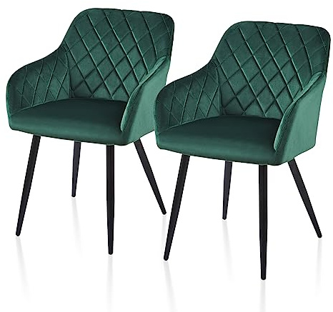 TUKAILAI Esszimmerstühle 2er Set, Küchenstühle Samt,Polsterstühle Wohnzimmerstühle Sessel mit Armlehnen Rückenlehne Metallbeinen, für Küche Esszimmer Wohnzimmer, bis 120kg, Grün