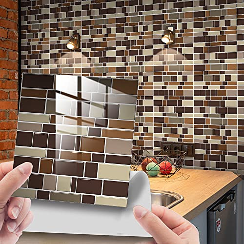 25 Pezzi Mosaico Adesivi per Piastrelle per Mobili e Pareti, Hiser Marmo Mattoni Stile Impermeabile Adesivo da Parete Autoadesive Rotoli Carta per Cucina Bagno Casa (ocra rossa,20x20cm)