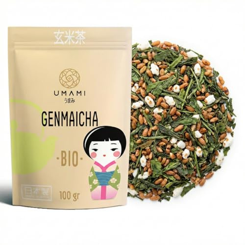 Umami Tè Verde Genmaicha BIO in Foglie 100g - Qualità Premium dal Giappone con Riso Integrale Tostato. Tè Verde Biologico dal Gusto Morbido