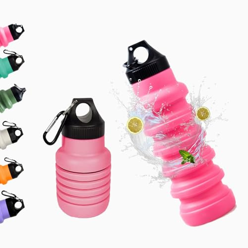 Kingmate Silikon Water Bottle Wasserflasche Getränkeflasche BPA-freies Auslaufsicher Fahrrad Sport Trinkflasche Faltbar Kohlensäure Geeignet 500ml Pink mit Sport Deckel