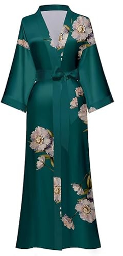 EORUBE Damen Morgenmantel Lange Satin Kimono Robe Blumen Seidiger Bademantel Brautjungfer Morgenmantel (Dunkelgrün – Brise in der Dämmerung)