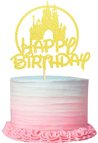 Arthsdite Castle Cake Topper, Castle Theme Party Decoration, Princess Prince Happy Birthday Decoration - Gold Glitter