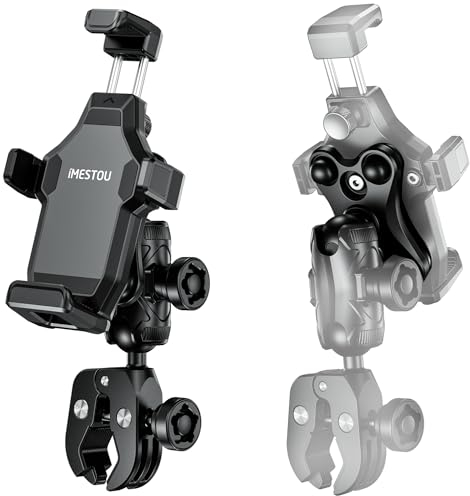 iMESTOU Soporte de Teléfono Motocicleta Antivibración, Soporte de Teléfono con Vástago de Manillar de Bola de 1 Pulgada con Diseño Antirrobo, Rotación de 360° Apto para Smartphones de 4,7 a 7,2