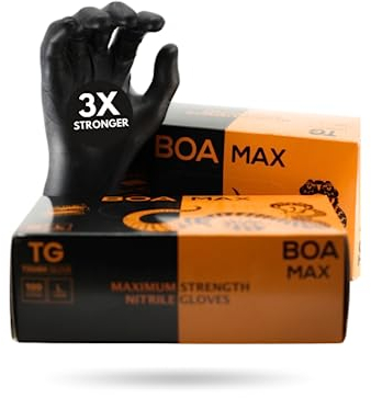 Tough Glove Boa Max (XL) Nitrile Gloves (Pack Of 100) | Super Strong Black Disposable Gloves | Powder & Latex Free Super Strong Heavy-Duty Gloves