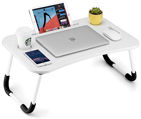FISYOD Faltbarer Laptoptisch, tragbarer Schoßschreibtisch, Betttisch, Laptopständer mit Getränkehalter & Tablet-Schlitz & Hebegriff zum Arbeiten, Schreiben, Zeichnen und Essen (Weiß)
