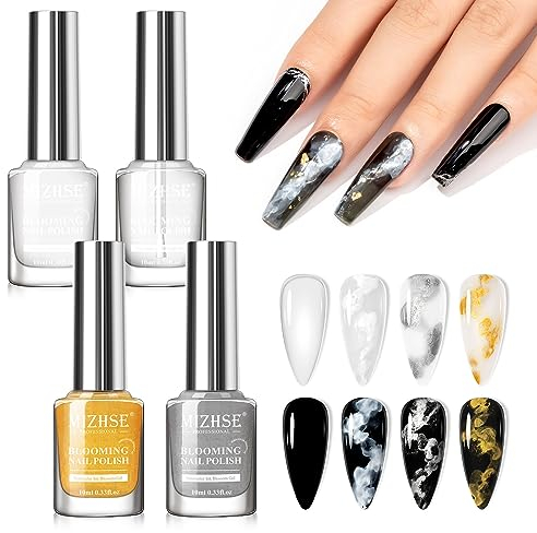 MIZHSE Marmor Nagellack blühender Gel Nagellack Gold, Silber Glänzend Mable Nails Effekt Ink Aquarell Marmor Töne für UV-LED Nägel Nagellack DIY 4 Farben-Set