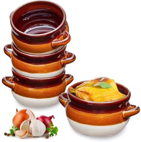 Sheffield Home French Onion Soup Crocks - Set of 4, 18oz Stoneware Pot with Handles - Ideal for Soup, Chili, and Beef Stew - Dishwasher, Microwave, and Oven Safe