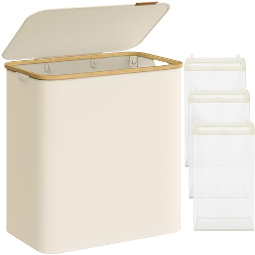 SONGMICS Laundry Basket with Lid, 3-Section Large Laundry Hamper, 150L, Removable Mesh Liner, Oxford Fabric, Bamboo Handles, Collapsible, 60 x 38.5 x 70.5 cm, Cream White LCB515W01