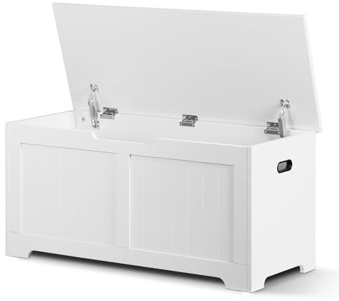 SUPER DEAL Storage Chest, 39 inches Chest Box Organizer with 2 Safety Hinges, Wooden Entryway Shoe Organizer Storage Bench, White