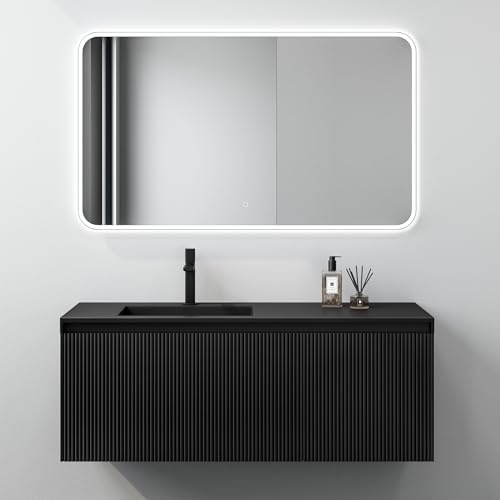 Mai & Mai Waschtisch mit Unterschrank Waschbeckenunterschrank 120cm | Badmöbel-set in Schwarz matt, mit Softclose Schubladen, inkl. Mineralguss Waschbecken und LED-Spiegel, Santa