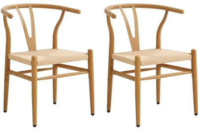 GrandCA HOME 2er-Set Esszimmerstühle,Gewebte Küchenstühle mit Rattan-Sitzkissen und Metallbeinen,Vintage-Stühle für Küche und Esszimmer（Eiche Farbe） Metallrahmen