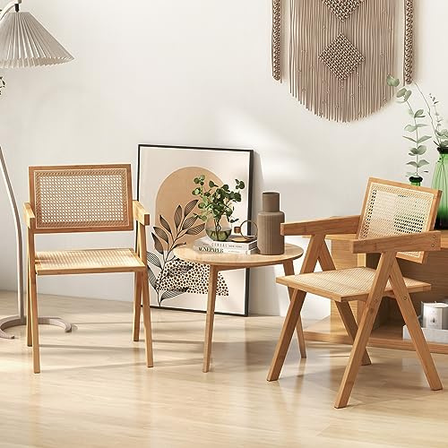COSTWAY Juego de 2/4 Sillas de Comedor, Silla de Salón Moderna con Marco de Bambú, Respaldo y Apoyabrazos de Imitación Caña, Sillones de Ratán para Cocina, Comedor, Natural (2 Piezas)