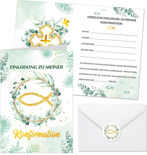 HOWAF 12 Einladungskarten Konfirmation mit Umschlägen Aufkleber, Einladung Konfirmation Einladungskarten Eucalyptus Fisch Karte für Jungen Mädchen Firmung Deko