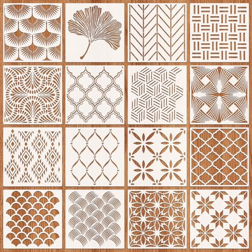 OOTSR 16 Pezzi Stencil Geometrici Pittura Riutilizzabile, 20x20cm, Set di Stencil per Muro, Legno, Scrapbooking DIY