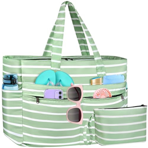 WACCET Strandtasche XXL Familie, Große Wasserdichte Strandtasche Damen mit Reißverschluss, Faltbare Leichte Badetasche Damen mit Mehreren Taschen Beach Bag Tote Bag für Strand, Reisen, Urlaub, Pool.