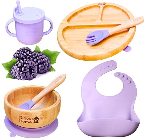 Kindergeschirr-Set aus Bambus, Jungen Mädchen Kinder Baby Teller Schale mit Saugnapf, Geschirrset Antirutsch Babygeschirr Essen, Gabel Löffel Lätzchen Tasse Silikon Deckel und Strohhalm (Lila)