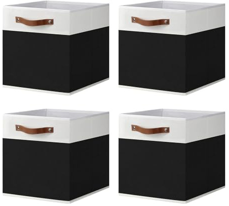 ArcaGuru Storage Cube Bins, Foldable Fabric Organizer Bins Storage Cubes Baskets Box Drawers for Shelves, Closet, Wardrobe, Bookshelf, 33 x 33 x 33cm, 4 Pack, White/Black