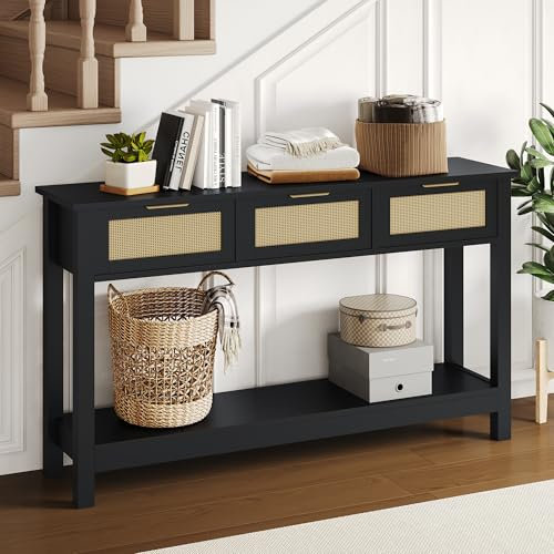 Luoxiao Entryway Table with 3 Rattan Drawers, 47 Narrow Console Table with Storage Shelf, Modern Black Sofa Table for Living Room Hallway Foyer, Slim Entry Way Cabinet, Anti-Tip, Easy Assembly