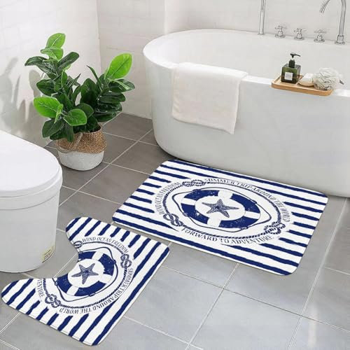 EYLOZS Badezimmerteppich Set 2 Teilig Waschbar rutschfeste Badematte Toilettenmatte Weich Saugfähige Badteppiche,Blau-weißes nautisches Emblem mit Rettungsring und Seestern auf gestreiftem Hgrund