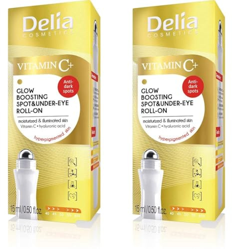 Delia Cosmetics - Roll On Eye Roll On mit Vitamin C - Ein strahlendes, mit Feuchtigkeit versorgtes, jüngeres Aussehen - Alle Hauttypen - Hyaluronsäure & Vitamin C - Anti Aging - 15ml (Packung mit 2)