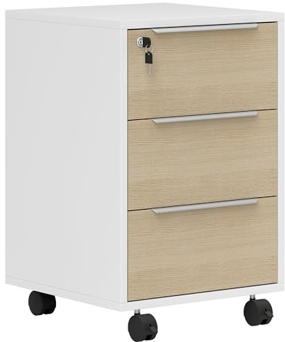 HOMCOM Cajonera de Escritorio con 3 Cajones 40x40x63,5 cm Blanco y Roble | Cajonera de Oficina con Ruedas, Cerradura y 2 Llaves, Archivador Móvil, para Estudio, Salón