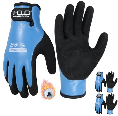 HANDLANDY 100% Waterproof Thermal Winter Work Gloves, 2 Pairs, Blue, M | Cold Weather Freezer Work Gloves, Insulated Fleece Lining, Non-slip Grip, for Cold Storage, Gardening, Fishing, Snow Removal
