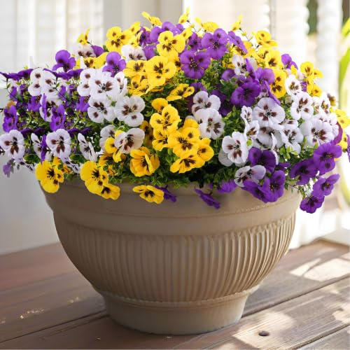 Rowfad Artificial Fake Pansy Flowers for Outdoor, 36 Bundles Faux Silk Pansies Spring Flowers for Outside for Planter Front Door Porch Yard Patio Window Box Home Decor (36, Purple, Yellow, White)