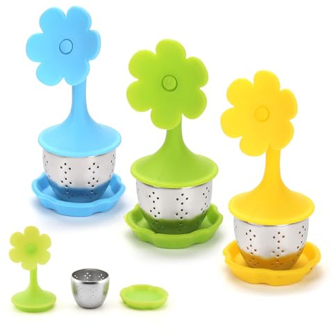 FEMONGY teeei für losen tee 3 Stück tee ei sieb, teesieb für losen tee mit Silikon-Griffen (nicht heiß), teeei edelstahl, gewürzei, einfach zu säubern tea strainer, teefilter für losen te(Blume)