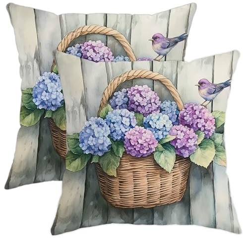Set di 2 federe per cuscini con ortensia floreale, viola, blu, primaverile, per esterni, per casa, divano, 40,6 x 40,6 cm