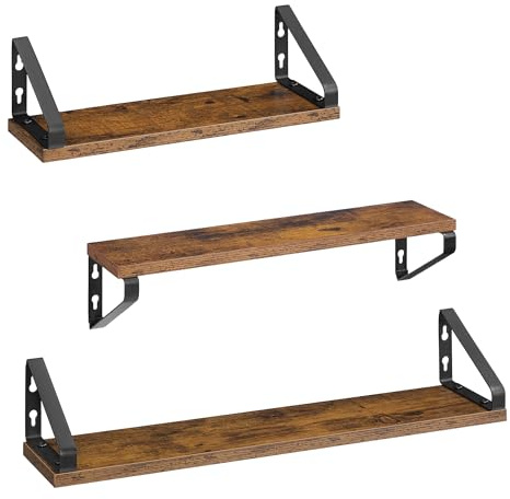 VASAGLE Étagère Murale, Tablette Flottante, Lot de 3, 2 Façons de Montage, Étagère de Rangement Suspendue, pour Salon, Cuisine, Bureau, Salle de Bain, Marron Rustique et Noir Mat LWS043K01