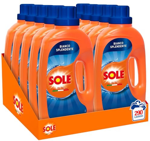 Sole Detersivo Lavatrice Bianco Splendente 290 Lavaggi, 5 confezioni bi-pacco per 290 lavaggi, Formula igienizzante, Detersivo Lavatrice Liquido Bianco Splendente, Capi bianchi Protetti e Brillanti
