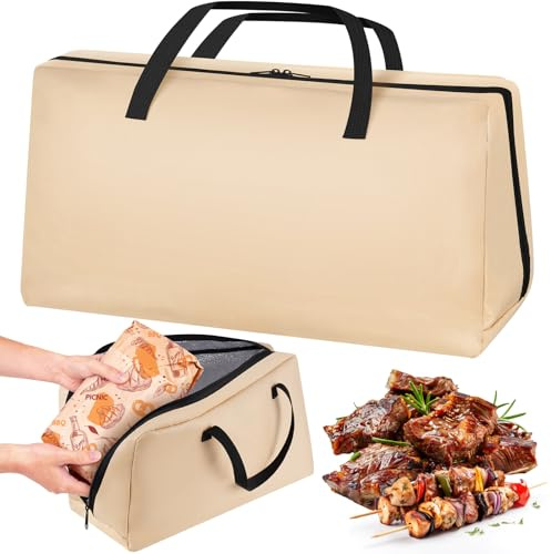 NiHome Folding Travel BBQ Meat Resting Bag for Brisket Turkey Ribs, 5-Layer Insulated Smoker Bag with Heat Retention for Camping Tailgating Catering, Waterproof Oil-Resistant Leakproof Zippers (Beige)