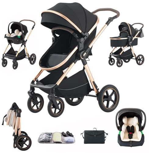 Shineey Passeggino 3 in 1,Passeggino 3 pezzi,passeggino, pieghevole, carrozzina,sistema da viaggio, pneumatici in gomma, Neonatale，Adaptateurs,con accessori, Gondola (BLACK-D2, D2)
