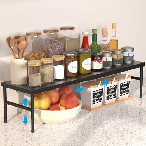 HI NINGER Étagère de Cuisine Extensible – Étagère de Rangement Réglable et Empilable à Épices, Solution d’Organisation et de Rangement pour Cuisine, Compatible avec Tous les Plans de Travail(Noir)