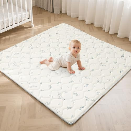 Fortella Baby Play Mat for Playpen & Floor, 120×120cm Foldable Foam Padded Playmats for Babies Toddlers Kids, Washable Soft Non-Slip Crawling Rug, Newborn Tummy Time Nursery Gym Activity (Ocean Ivory)