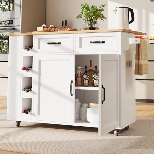 Fppuueg Isla Cocina con Ruedas y Encimera de Madera, Mueble Auxiliar de Cocina con 2 Cajones 2 Puertas, Aparador Cocina con Enchufe Eléctrico y Botelleros, 131.5x43(76) x90.7 cm, Blanco