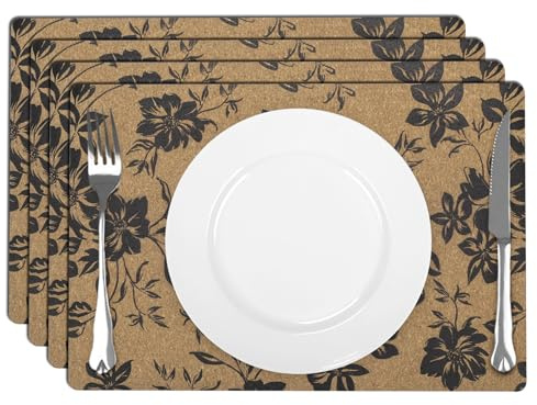 comfoyar Tischset Boho Schwarz Blumenmuster Rechteckig 4er Set | Abwaschbar Wasserdicht Kork Platzsets, Platzdeckchen mit Rutschfeste Gummirückseite für Küche Esszimmer Dekoration, 30x45cm
