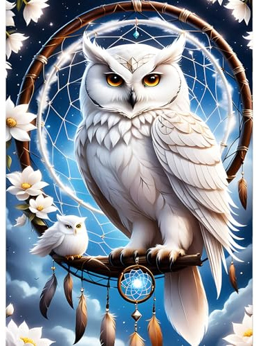 QINRUBB DIY Weiße Eule Diamant Painting Bilder Anfänger, 5D Traumfänger Diamond Painting Erwachsene, Runder Vollbohrer Traumland Eule Diamant Kunst Kits Kreuzstich Home Wand Dekor 30x40 cm