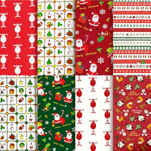 Aucuu Tissus Coton Couture, Lot de 8 50 * 40cm Tissus Noël Imprimés, 100% Coton Tissu pour Patchwork, pour Passionnés de Couture, Enfants, Poupées DIY, Coutures, Vêtements, Décoration D'intérieur
