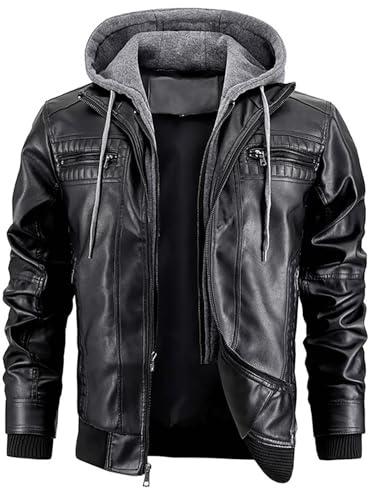 Giacca in pelle da uomo con cappuccio, giacca da motociclista, giacca da motociclista, vintage, in similpelle, con cappuccio, casual, da corsa, da pilota, Nero , XL