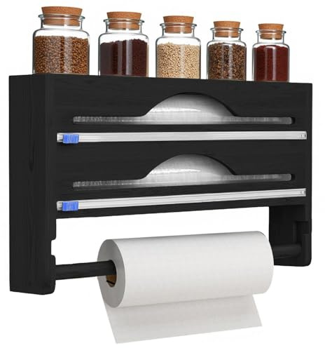 4-in-1 Wall Mounted Bamboo Foil & Cling Film Dispenser with Cutter and Kitchen Roll Holder – Wrap Organiser Rack for Foil, Film, Spices & Paper Towels (Black)