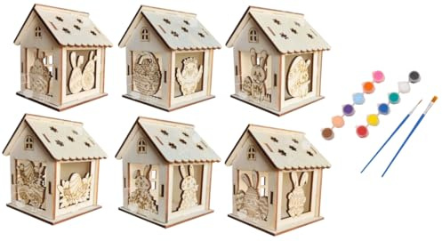 Scinzene 6 Stück Bastelset Ostern Holz Haus Mit 2 Pinseln - 3D Osterdeko zum Bemalen für Jungen & Mädchen - DIY Ostern Basteln Set - Deko Ostern Frühling & Kreative Ostergeschenke Holzdeko